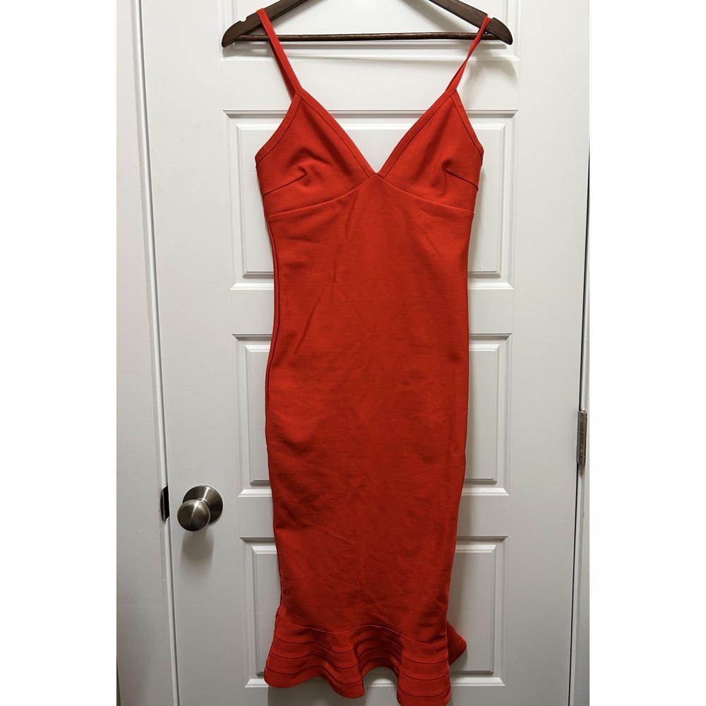 PrettyLittleThing Bandage Bodycon Midi Dress 6 Tomato Red Frill Hem Fishtail